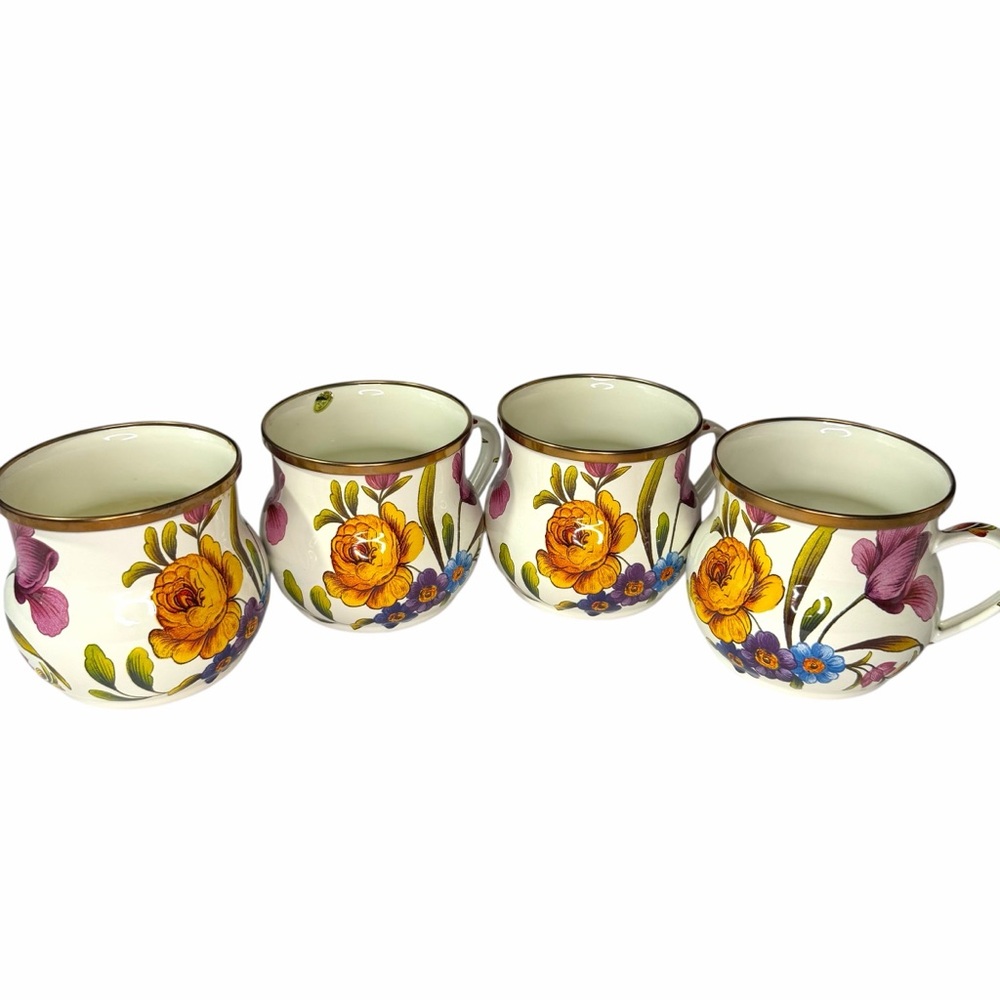 MacKenzie-Childs Set of 4 White Flower Market Mugs